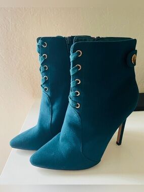 Shoe Dazzle Teal Pointed-Toe Lace-Up Stiletto Ankle Boots